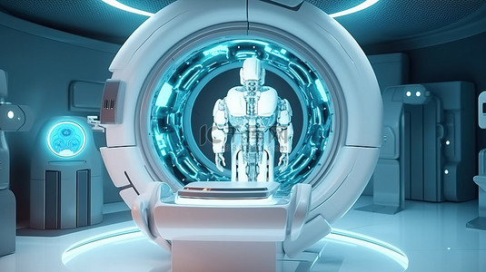医疗技术概念中的 3D 渲染医生机器人和 MRI 扫描仪