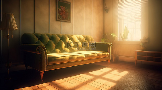 温暖家居背景图片_3d 渲染描绘了一个舒适的沙发在一个温暖的灯光下的生活空间