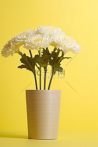 白色菊花背景图片_纸篮中黄黄色背景的白色菊花