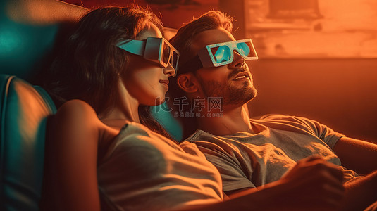 一对情侣在沙发上欣赏 3D 电影