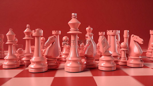 红色的国际象棋背景图片_在柔和的红色背景上隔离的国际象棋的逼真 3D 渲染