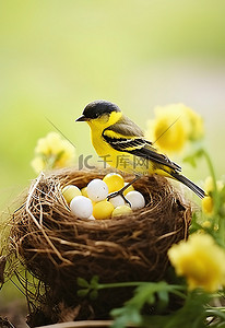 一只黄黑相间的鸟站在巢上