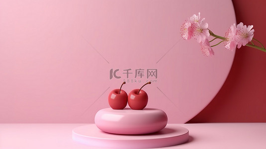 粉红色花背景背景图片_极简主义讲台展示的 3D 渲染，带有粉红色樱花背景，用于产品展示