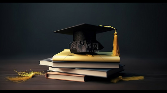 封面书籍封面背景图片_逼真的 3D 形状毕业帽和描述在线教育概念的书籍
