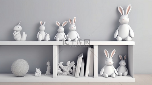 带有玩具兔子的白色展示架 3D 渲染