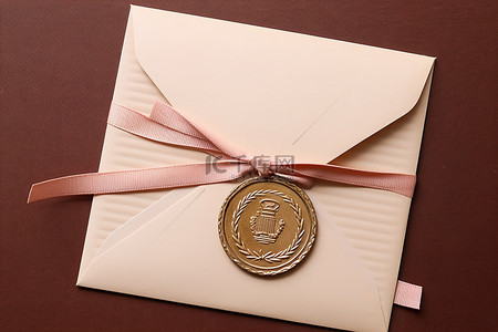 一枚金牌和丝带放在带有邮票的金信封上