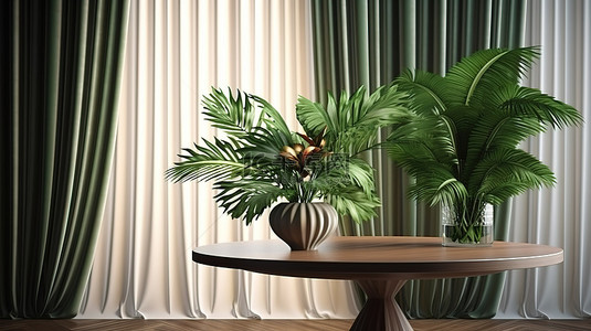 产品展示道具窗帘和桌子与热带棕榈花