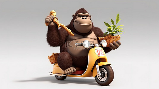 可爱的 3D 胖乎乎的大猩猩骑着摩托车，顽皮地做出大拇指朝下的手势