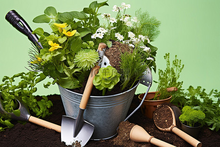 草药花背景图片_地上装满不同花卉草药和工具的桶