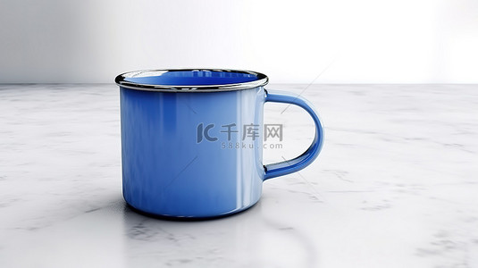 旅行插背景图片_宁静蓝色的搪瓷杯放在白色桌面上，3D 渲染插图