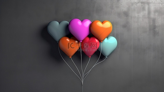 充满爱的充满活力的气球心束与光滑的黑墙 3D 渲染