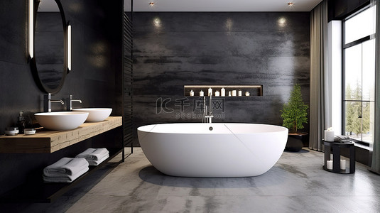 现代浴室设计，采用醒目的黑色马赛克墙面饰面 3D 渲染