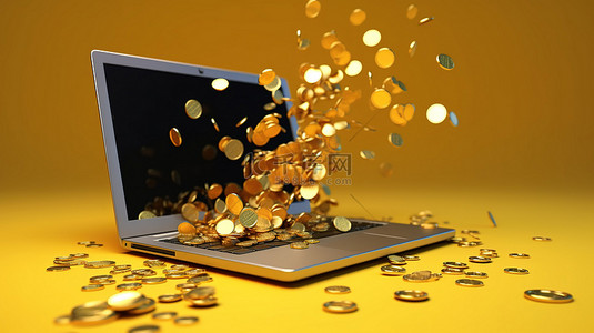电子证照背景图片_大量金币从笔记本电脑屏幕上爆出，令人着迷的 3D 渲染