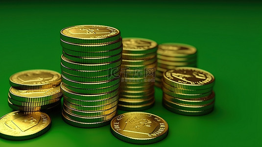 vi效果展示模板背景图片_绿色背景增强了美元硬币的 3D 渲染效果