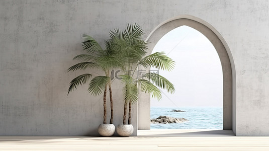 时尚而简单的产品展示在凹形混凝土墙上，带有拱门和棕榈树的 3D 渲染