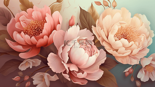色彩植物背景图片_牡丹花粉色红色插画背景