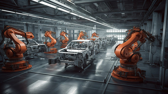 汽车工厂机器人装配线 3D 渲染