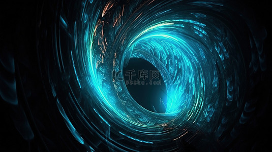 圆形分形门户具有螺旋效果的彩色抽象蓝色霓虹灯 3D 渲染