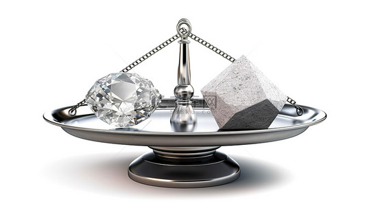 3D 渲染一个简单的体重秤，在白色背景上平衡巨大的钻石和现金