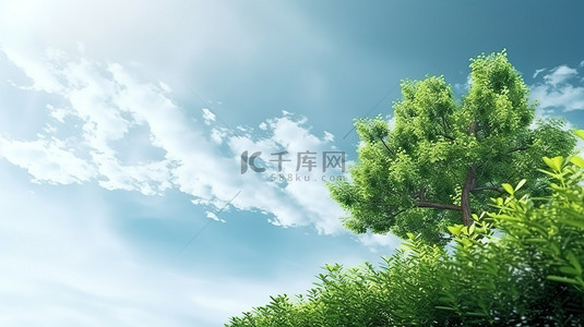 多云的背景图片_大自然雄伟的展示 3D 渲染多云的天空背景特写郁郁葱葱的绿色树顶