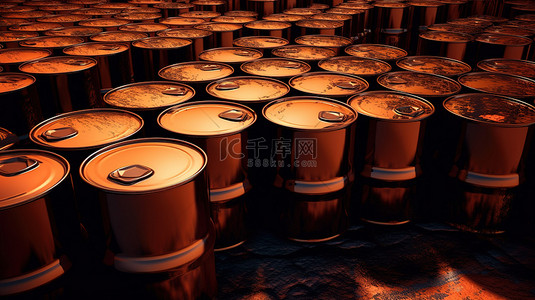 油桶背景背景图片_特写油桶背景的全景 3D 渲染