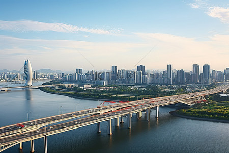 交通高峰背景图片_高楼林立的城市中的桥梁和交通