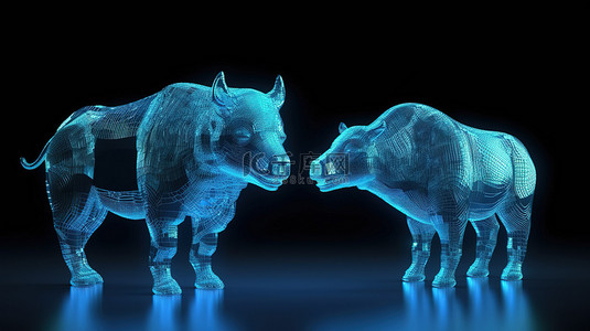 蓝色比特币概念的未来 3D 渲染，具有牛市和熊市加密货币在商业世界的光明未来