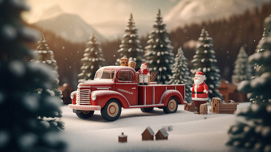 节日皮卡车以圣诞老人和同伴为特色，在 3D 渲染的松树中