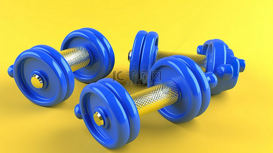 蓝色健康运动背景图片_用于运动和健身的充满活力的黄色背景上的蓝色重量的 3D 插图