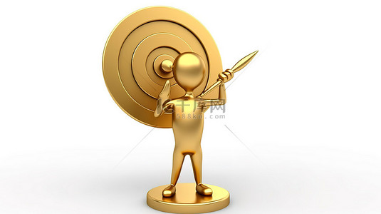 射箭人物背景图片_白色背景的 3D 渲染，其中一个吉祥物人物拿着金色奖杯，赢得射箭比赛，并在靶心放飞镖