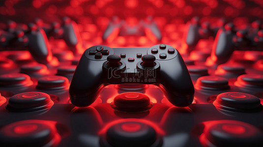 ps游戏机背景图片_红色游戏手柄在黑色操纵杆中脱颖而出的 3D 渲染