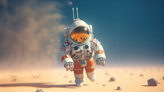 太空探险家和火箭的 3D 渲染