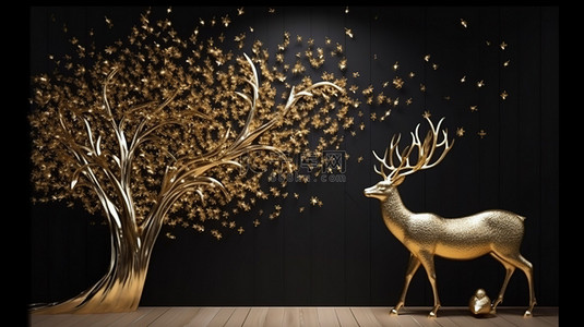 金色羽毛鹿和树 3D 艺术壁纸，适合深色主题墙壁装饰