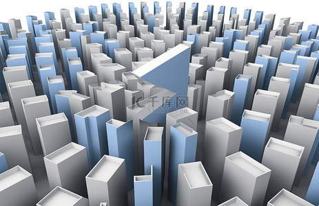 蓝色箭头png背景图片_向天空和多个建筑物的箭头的 3D 图像