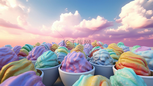 彩虹云图案辅以 3D 渲染的冰淇淋勺
