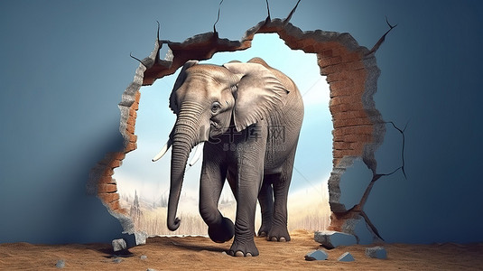 抽象裂缝背景图片_大象冲破墙壁裂缝的 3D 插图