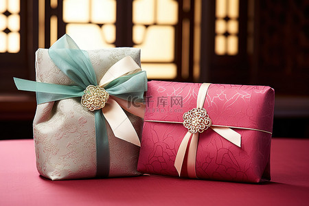 蓝色礼品包装和红色礼品袋