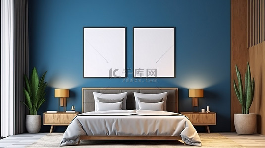 当代卧室海报框架模型的 3D 渲染，以柔和的蓝色墙壁为背景