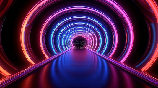 霓虹灯在黑暗中从动态隧道反弹的充满活力的 3D 插图
