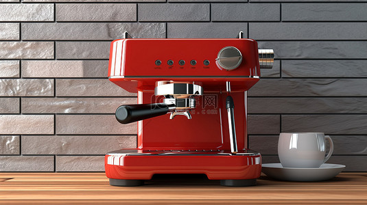 红色浓缩咖啡机的 3D 渲染特写展示在黑色瓷砖墙上的木桌上