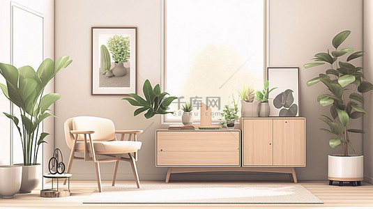 时尚客厅的 3D 视觉效果，配有郁郁葱葱的绿色植物别致的灯柜和空白海报模型