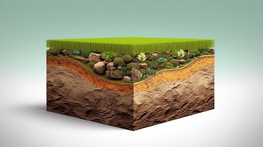 多样化的背景图片_具有草和泥的地质多样化土壤的孤立横截面的 3D 插图