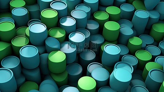 灰色绿色背景图片_灰色背景上绿色和蓝色圆柱体的抽象 3D 渲染特写