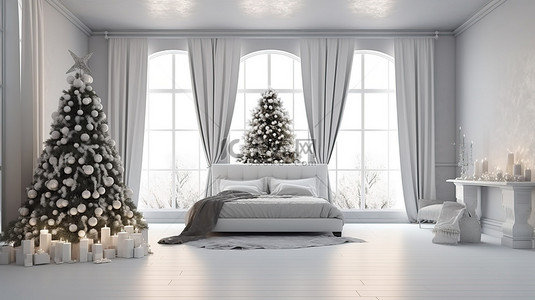 绿色生活背景背景图片_3D 渲染房间设计，配有节日圣诞装饰