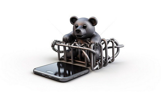 现代手机与空白屏幕放置在白色背景 3D 渲染的金属熊陷阱旁边