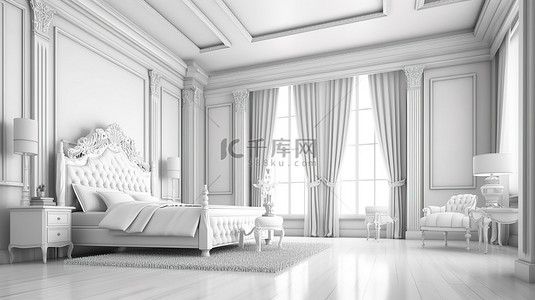 卧室枕头背景图片_3D 渲染中优雅的单色白色卧室室内设计