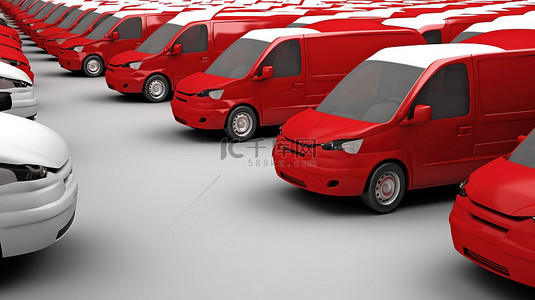 白色货车背景图片_3D 渲染的白色货车海洋中的一辆孤独的红色货车