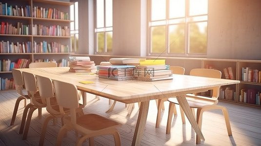 新学年的教室设置桌上有课本和椅子空 3D 渲染