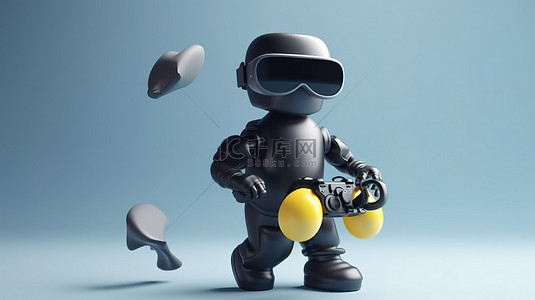 胜利的塑料角色手持 VR 眼镜和操纵杆翱翔天空