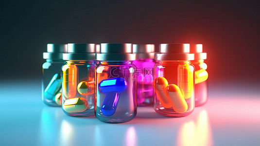 独特颜色的药物胶囊和药丸的独特 3D 插图